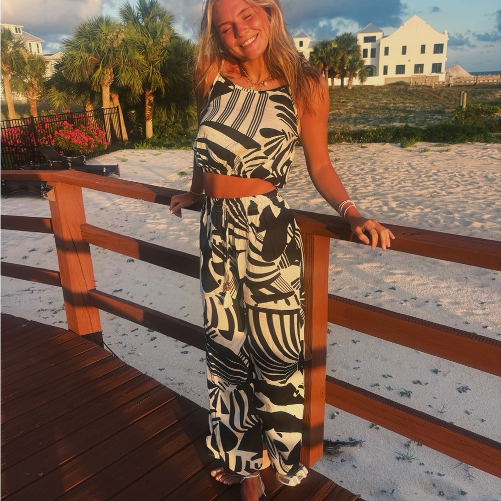 Black and White Patterned Halter Top and Skirt Set
